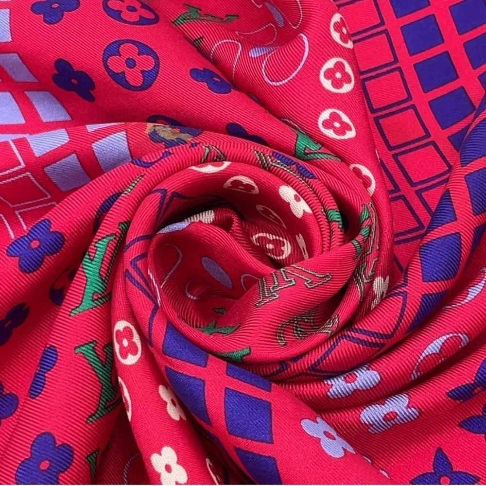 Auth Louis Vuitton Monogram red multicolor Silk Scarf W/Box - Picture 11 of 16
